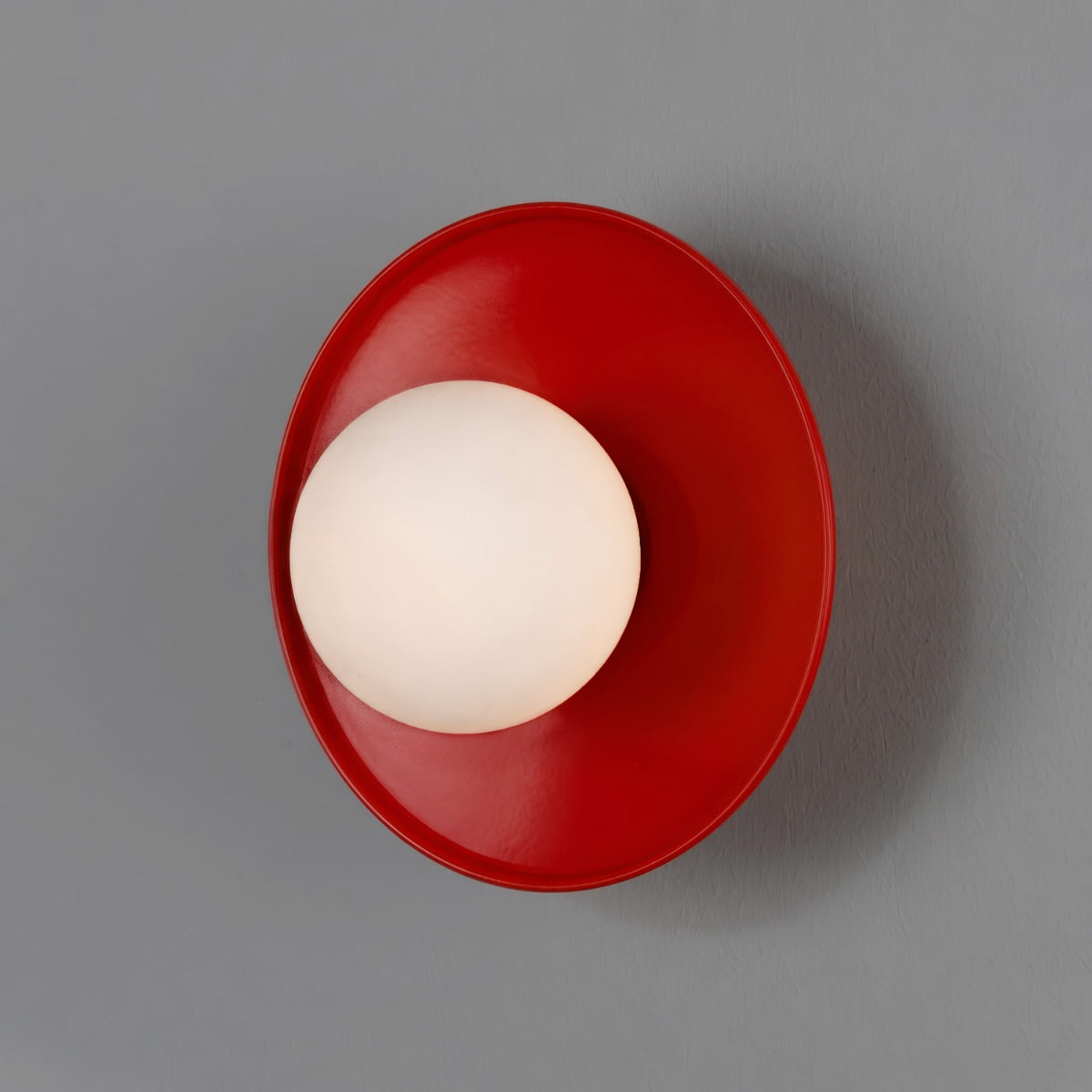 Aosta IP65 Brass Disc Bathroom Wall Light in Red with Opal Glass Globe