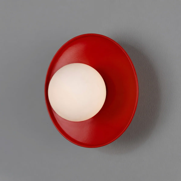 Aosta IP65 Brass Disc Bathroom Wall Light in Red with Opal Glass Globe