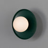 Aosta IP65 Brass Disc Bathroom Wall Light in Racing Green with Opal Glass Globe