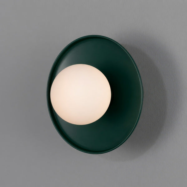 Mullan Aosta racing green brass disc wall light with opal glass globe