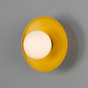 Aosta IP65 Brass Disc Bathroom Wall Light in Yellow with Opal Glass Globe