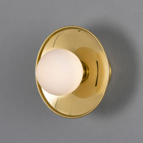Aosta IP65 Brass Disc Bathroom Wall Light in Polished Brass with Opal Glass Globe