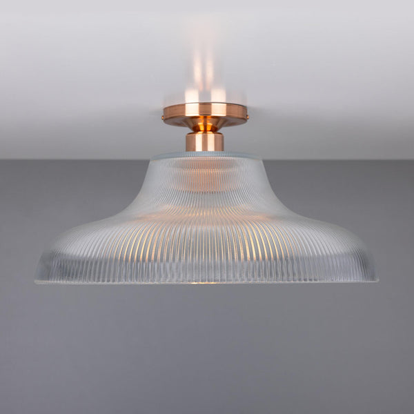 Mono 40cm Vintage Flush Ceiling Light in Polished Copper with Prismatic Glass Shade