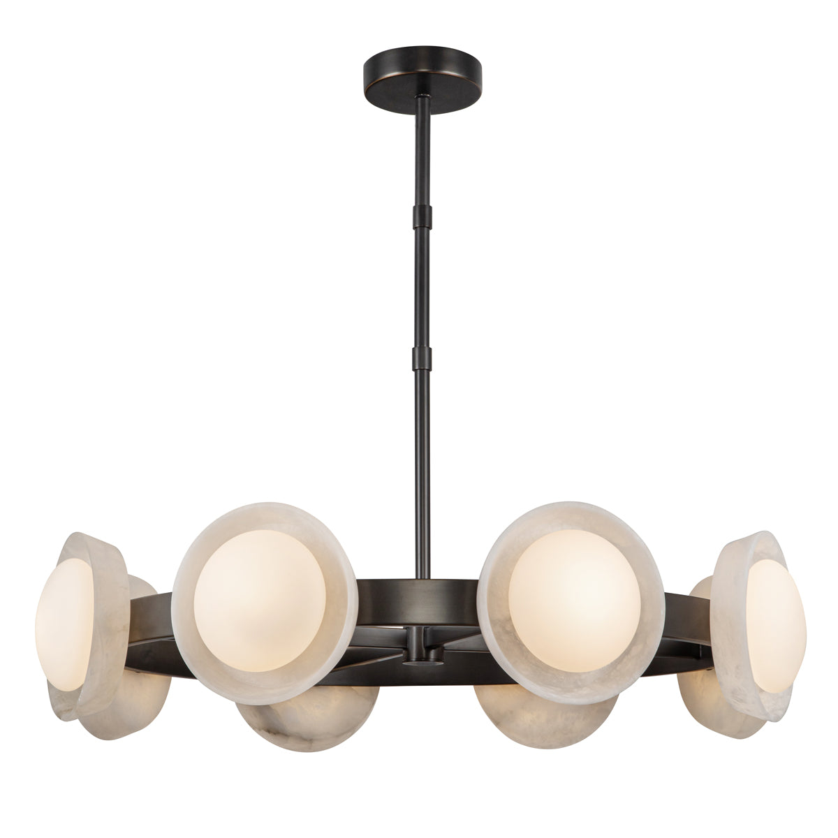 Alonso Eight LED Chandelier Pendant in Urban Bronze Metalwork with Alabaster Accents