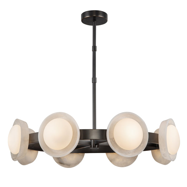 Alonso Eight LED Chandelier Pendant in Urban Bronze Metalwork with Alabaster Accents