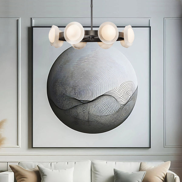 Alonso Eight LED Chandelier Pendant in Urban Bronze Metalwork with Alabaster Accents