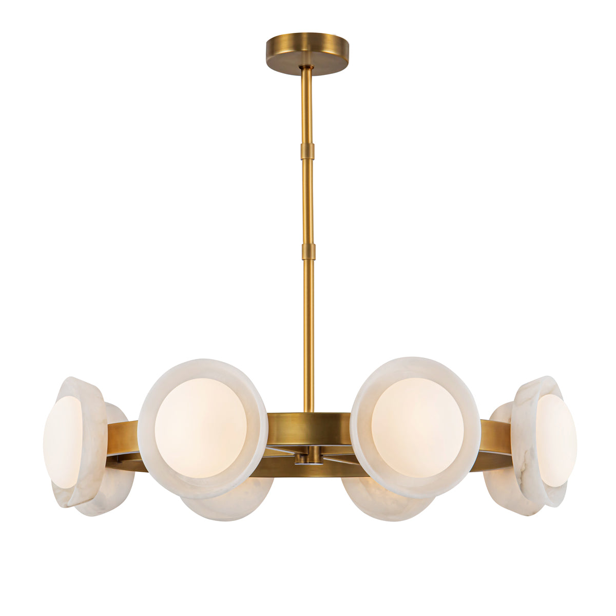 Alonso Eight LED Chandelier Pendant in Vintage Brass Metalwork with Alabaster Accents