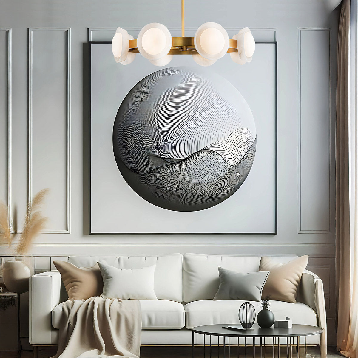 Alonso Eight LED Chandelier Pendant in Vintage Brass Metalwork with Alabaster Accents