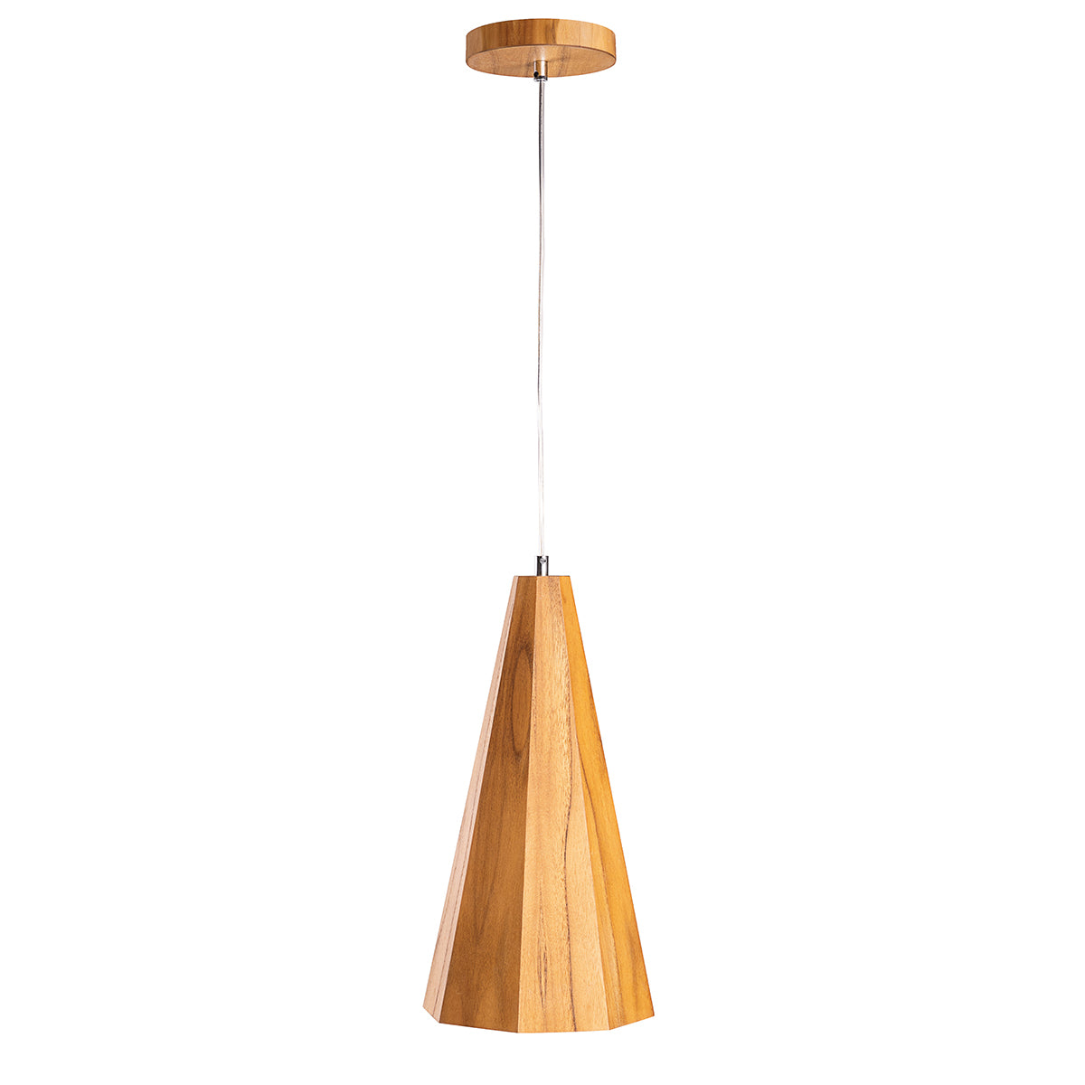 Angular Natural Teak Wood Veneer Conical Shaped Single Drop Pendant