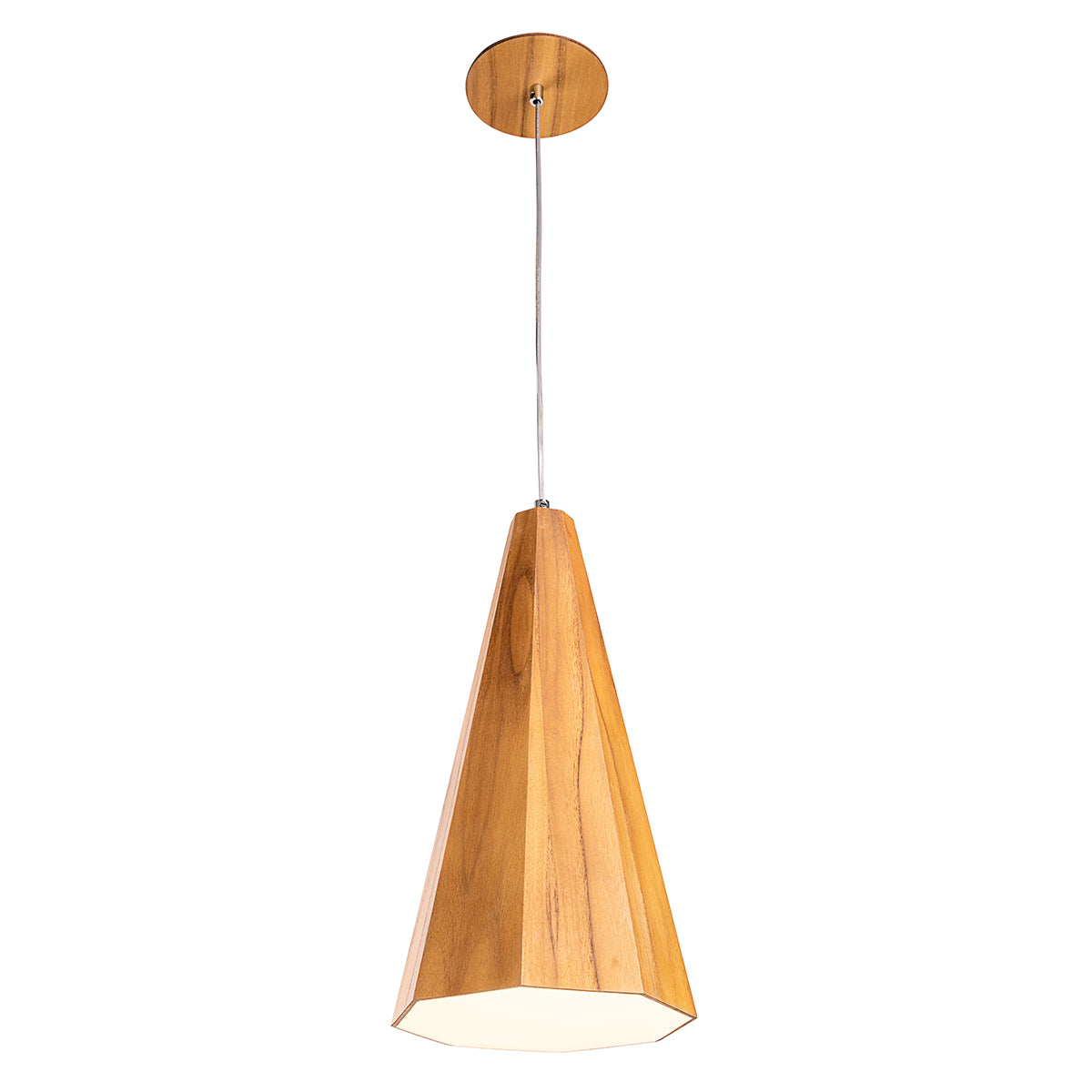 Angular Natural Teak Wood Veneer Conical Shaped Single Drop Pendant