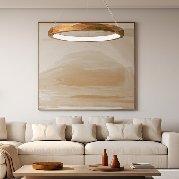 Angular Natural Teak Wood Veneer 29w LED Ring Pendant