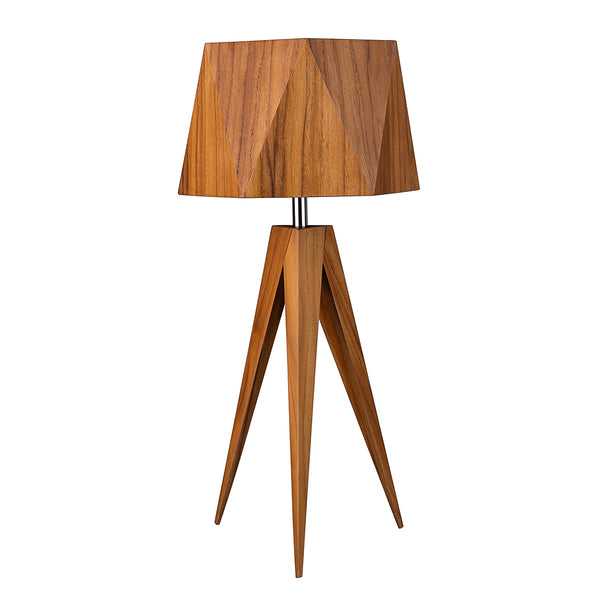 Angular Natural Teak Wood Veneer Tripod Table Lamp