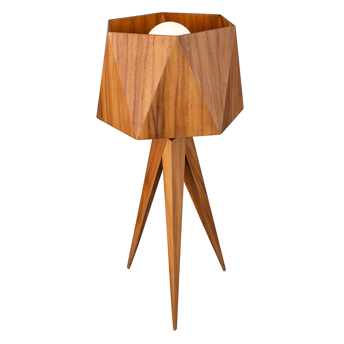 Angular Natural Teak Wood Veneer Tripod Table Lamp