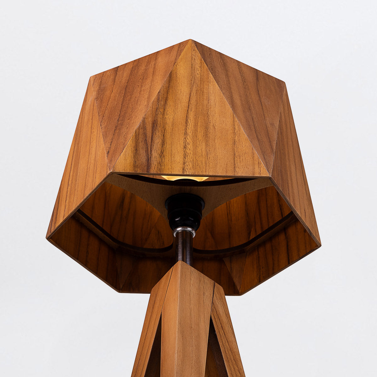 Angular Natural Teak Wood Veneer Tripod Table Lamp