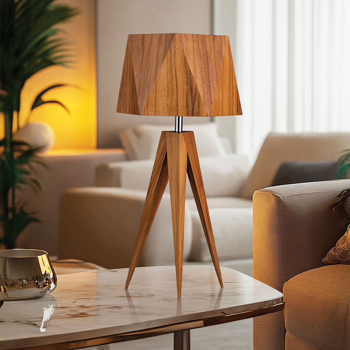 Angular Natural Teak Wood Veneer Tripod Table Lamp
