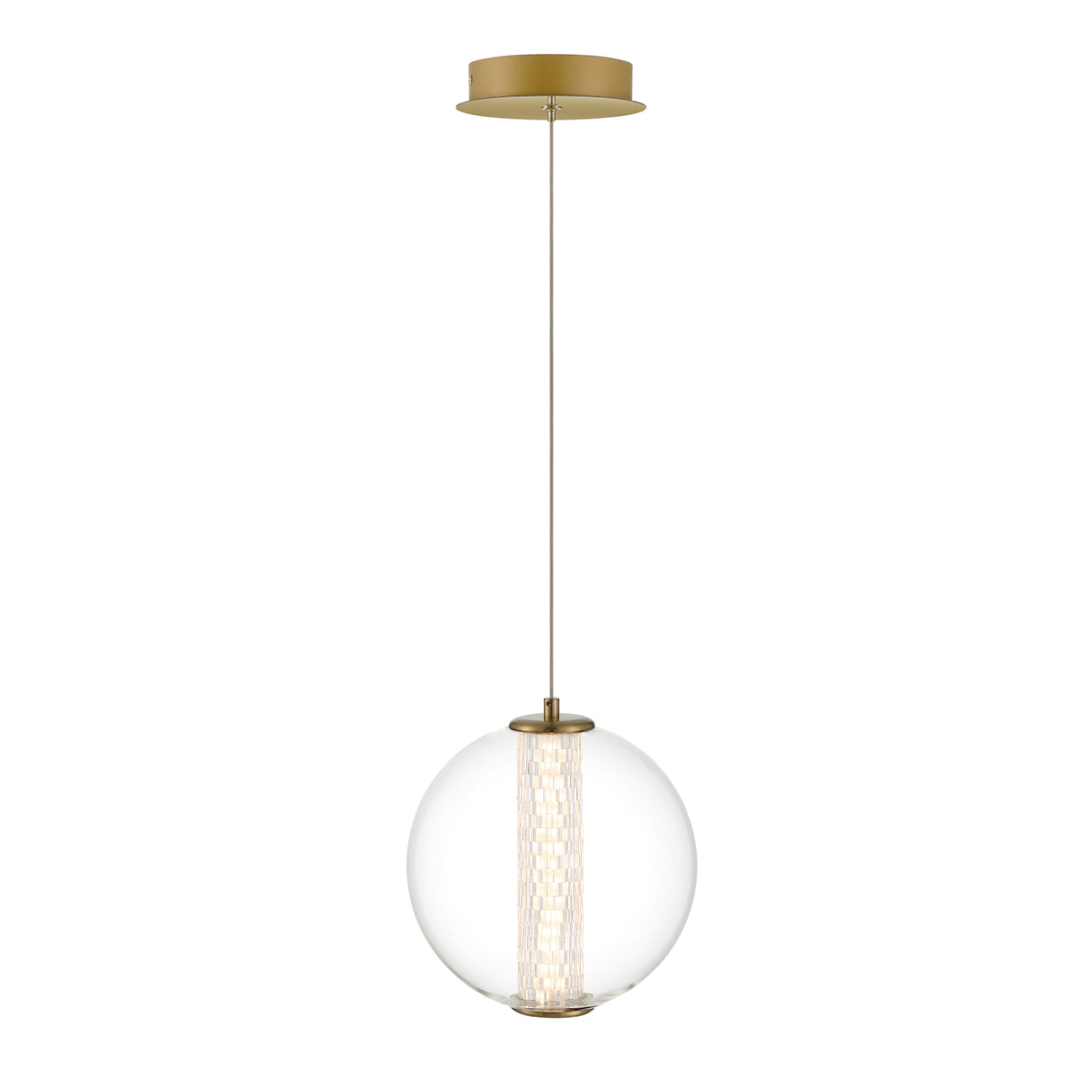 Atomo Single Drop IP44 LED Pendant in Brushed Gold with Clear Glass Globe
