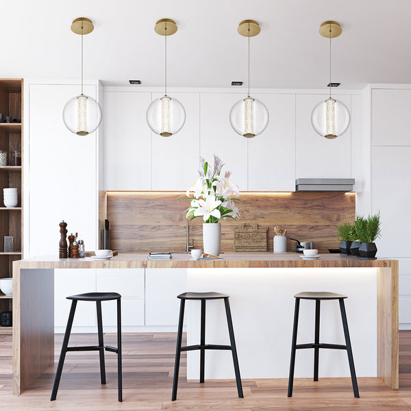 Atomo Single Drop IP44 LED Pendant in Brushed Gold with Clear Glass Globe