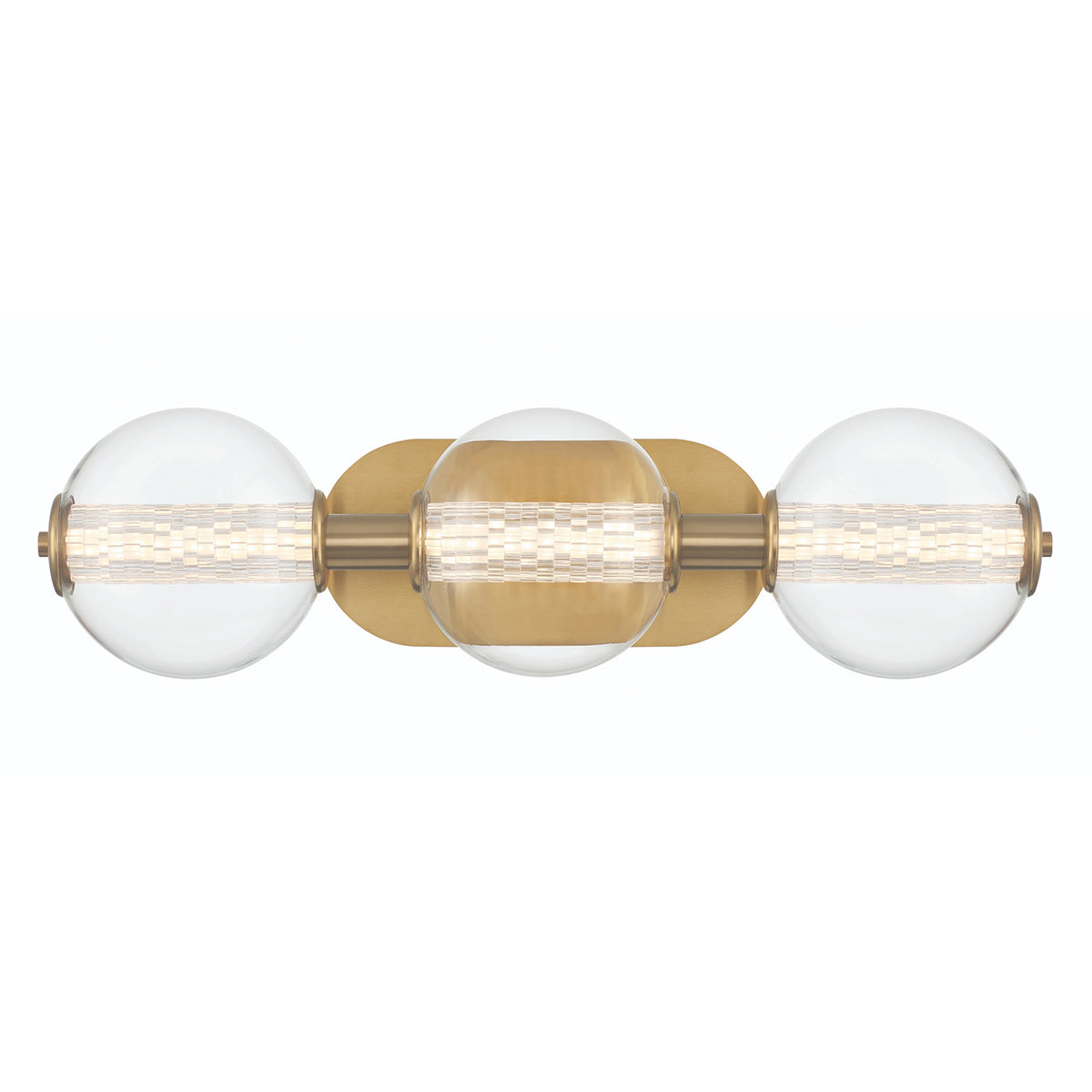 Atomo IP44 Three LED Wall Light in Brushed Gold with Clear Glass Globes