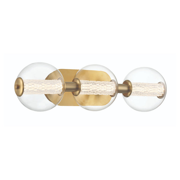 Atomo IP44 Three LED Wall Light in Brushed Gold with Clear Glass Globes