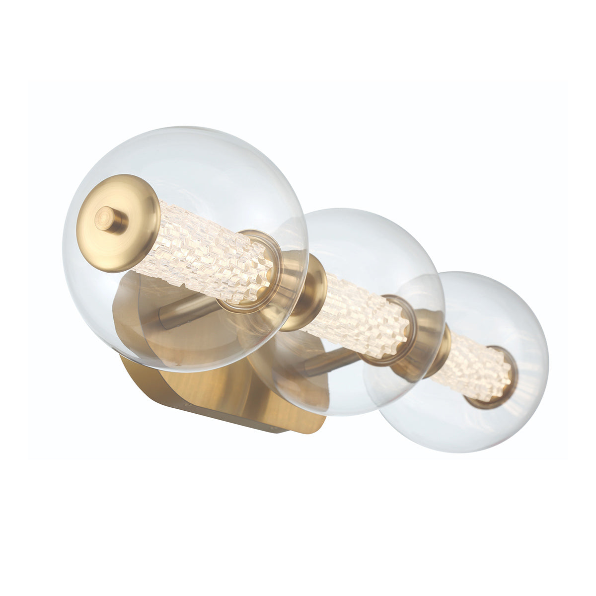 Atomo IP44 Three LED Wall Light in Brushed Gold with Clear Glass Globes