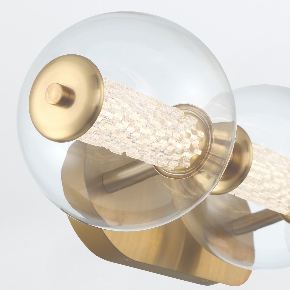 Atomo IP44 Three LED Wall Light in Brushed Gold with Clear Glass Globes