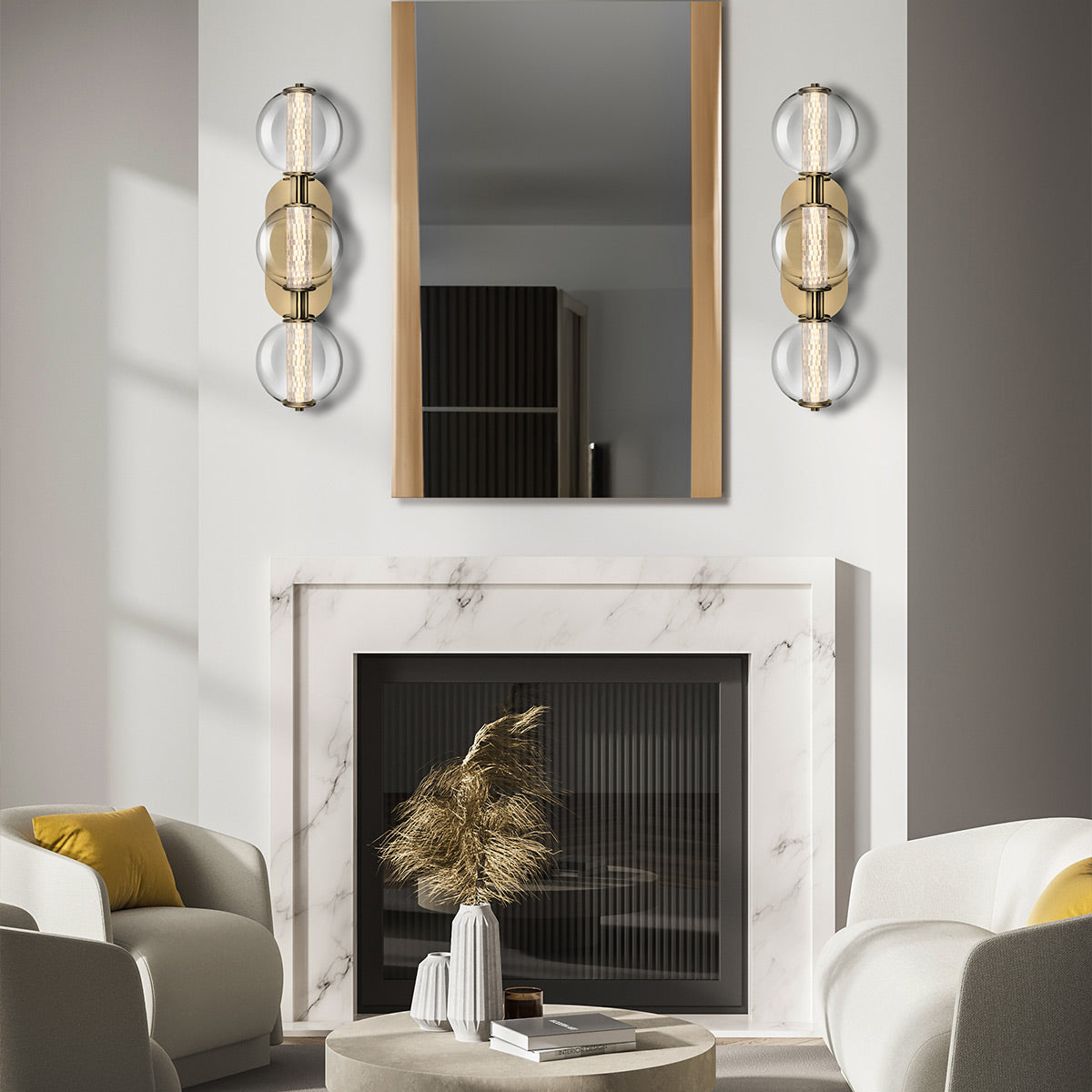 Atomo IP44 Three LED Wall Light in Brushed Gold with Clear Glass Globes