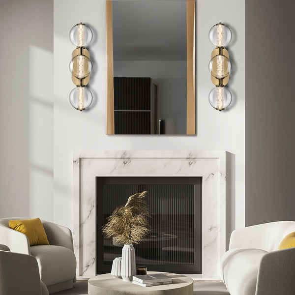 Atomo IP44 Three LED Wall Light in Brushed Gold with Clear Glass Globes