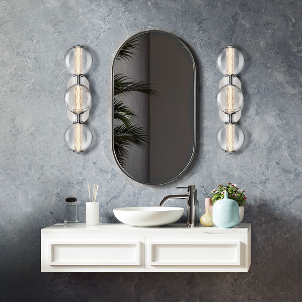 Atomo IP44 Three LED Wall Light in Polished Chrome with Clear Glass Globes