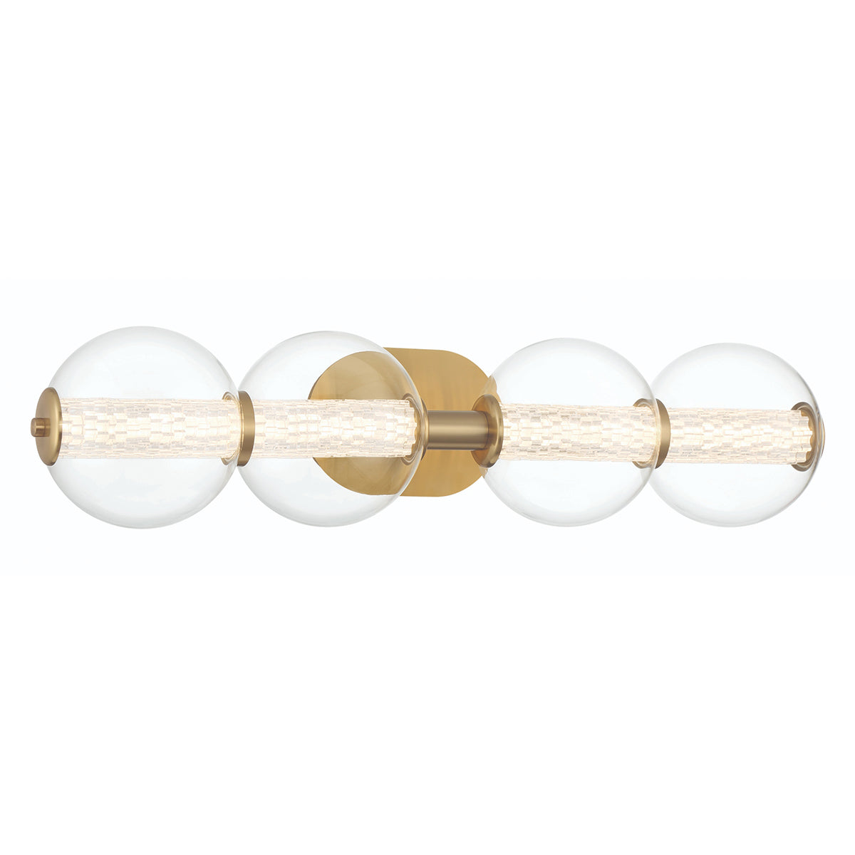 Atomo IP44 Four LED Wall Light in Brushed Gold with Clear Glass Globes