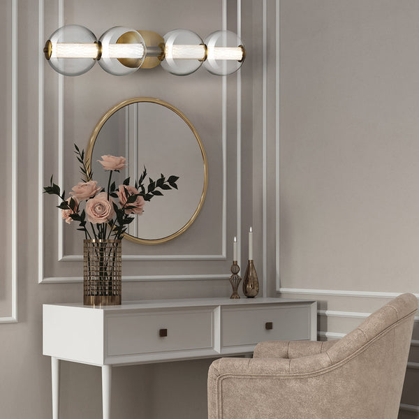 Atomo IP44 Four LED Wall Light in Brushed Gold with Clear Glass Globes
