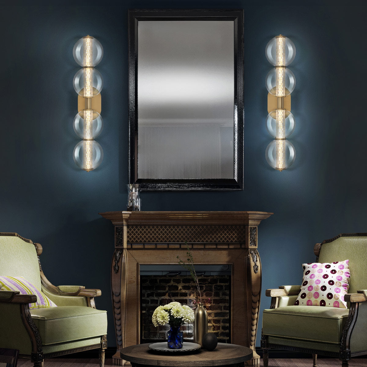 Atomo IP44 Four LED Wall Light in Brushed Gold with Clear Glass Globes
