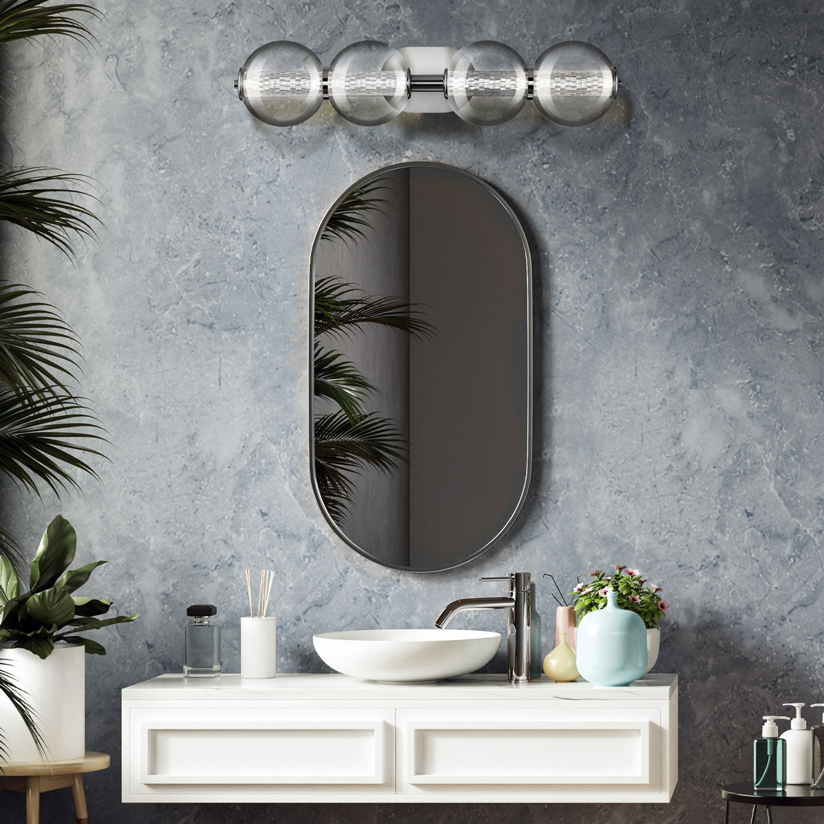 Atomo IP44 Four LED Wall Light in Polished Chrome with Clear Glass Globes