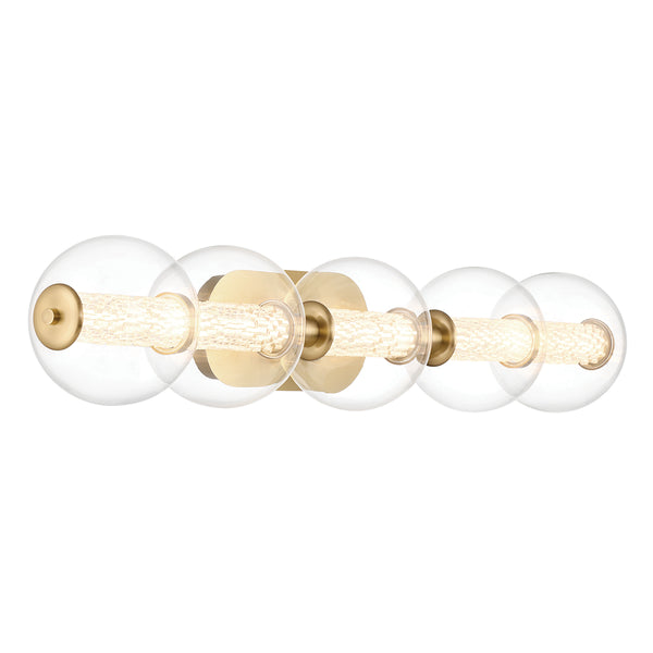 Atomo IP44 Five LED Wall Light in Brushed Gold with Clear Glass Globes