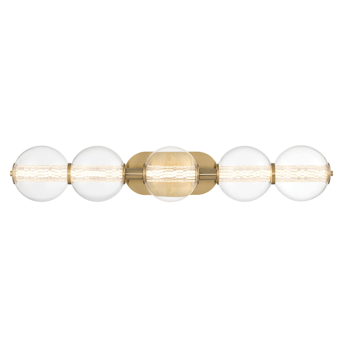 Atomo IP44 Five LED Wall Light in Brushed Gold with Clear Glass Globes