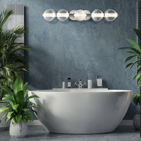 Atomo IP44 Five LED Wall Light in Polished Chrome with Clear Glass Globes