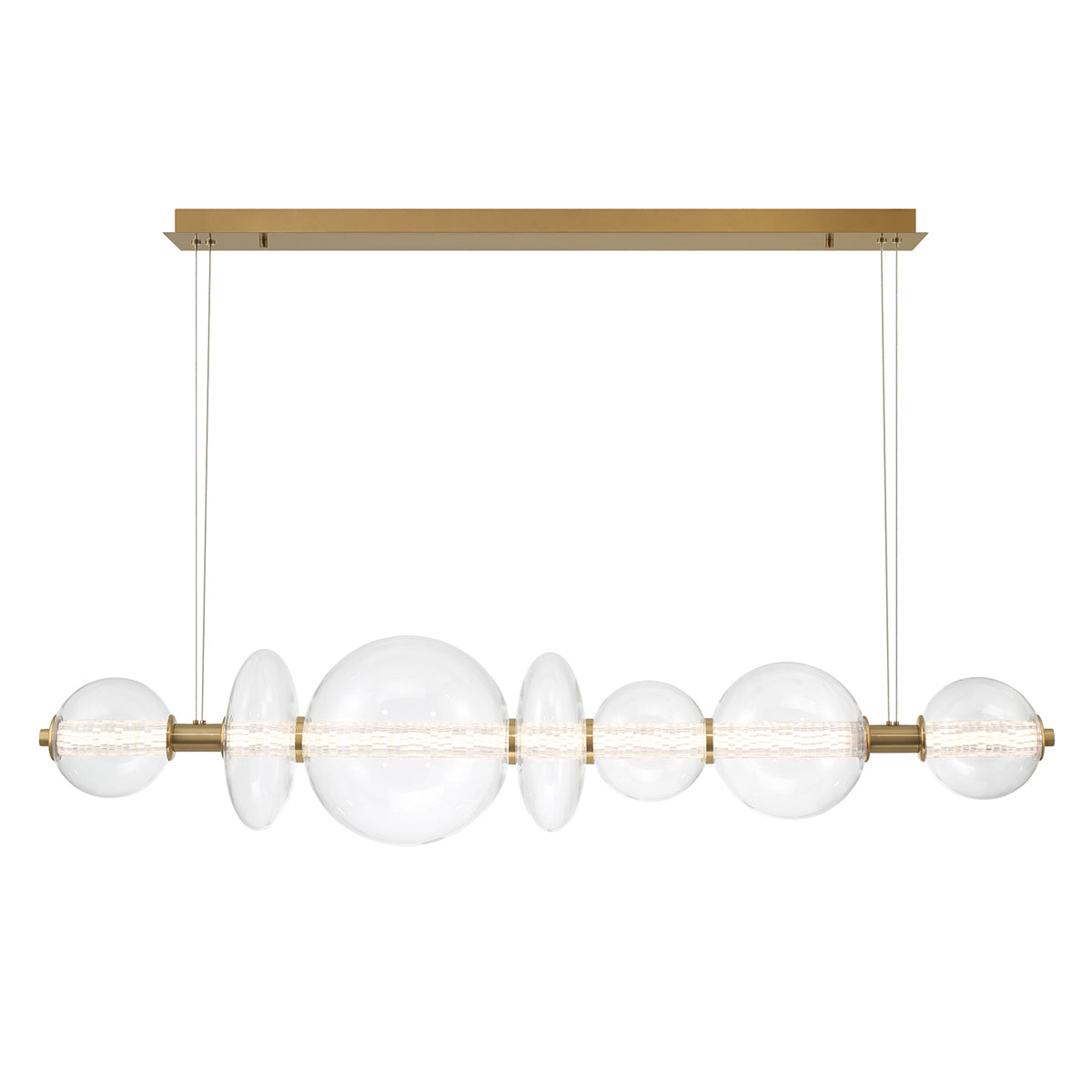 Atomo IP44 Seven LED Linear Pendant in Brushed Gold with Clear Glass Globes