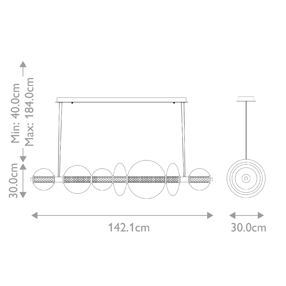 Atomo IP44 Seven LED Linear Pendant in Brushed Gold with Clear Glass Globes