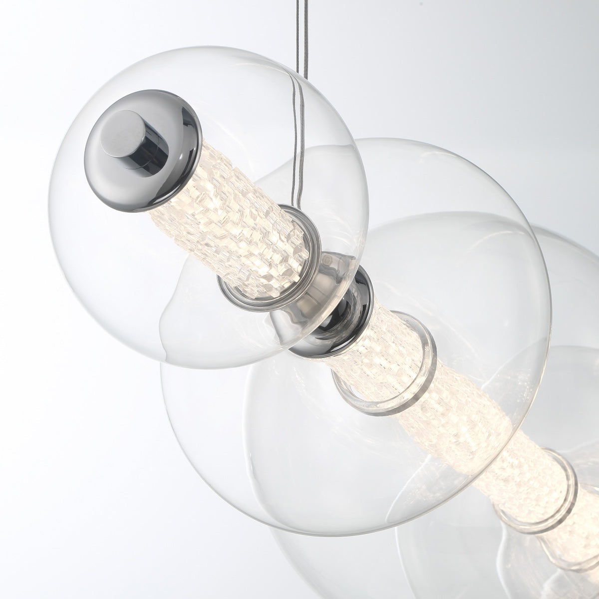 Atomo IP44 Seven LED Linear Pendant in Polished Chrome with Clear Glass Globes