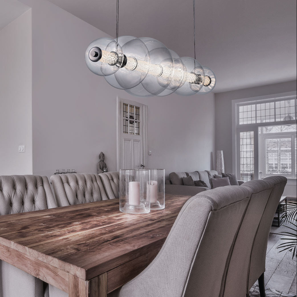 Atomo IP44 Seven LED Linear Pendant in Polished Chrome with Clear Glass Globes