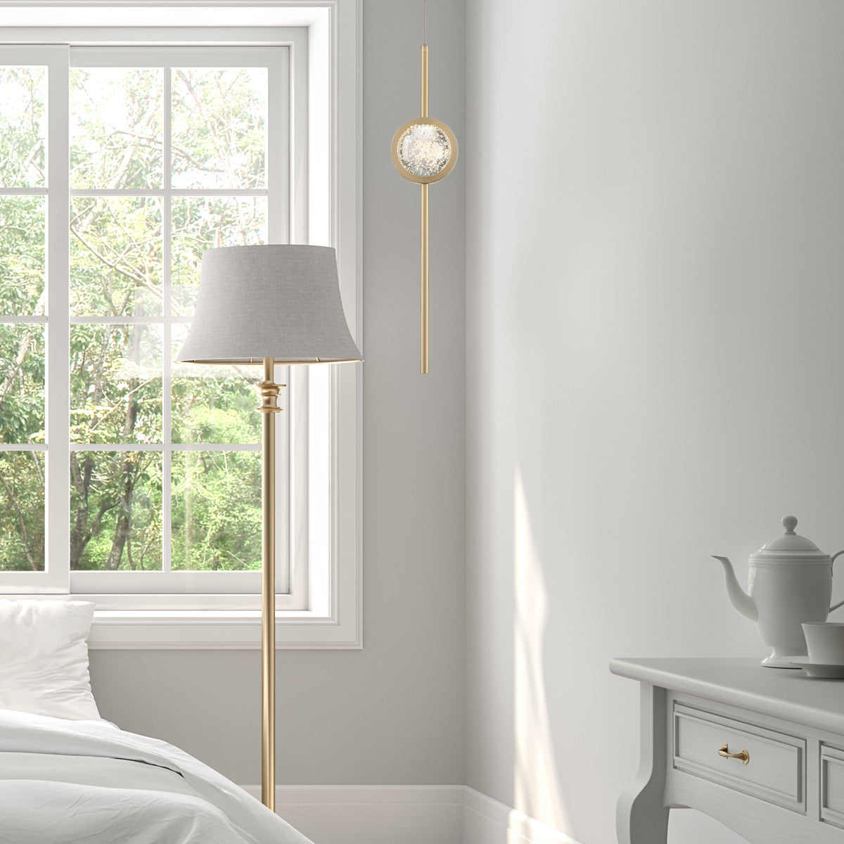 Barletta Single Drop LED Pendant in Brushed Gold with a Clear Seeded Glass Orb