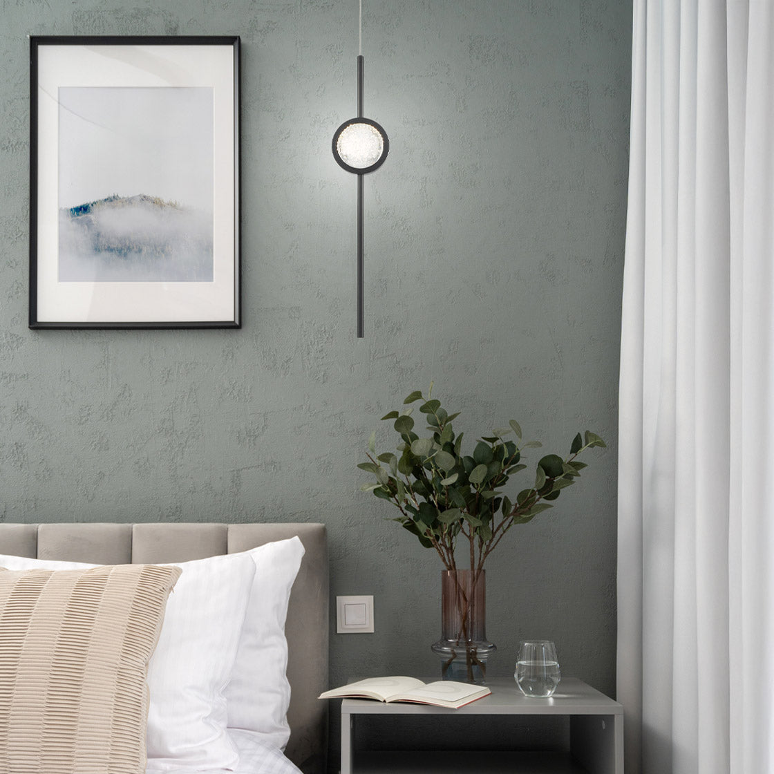 Barletta Single Drop LED Pendant in Matte Black with a Clear Seeded Glass Orb
