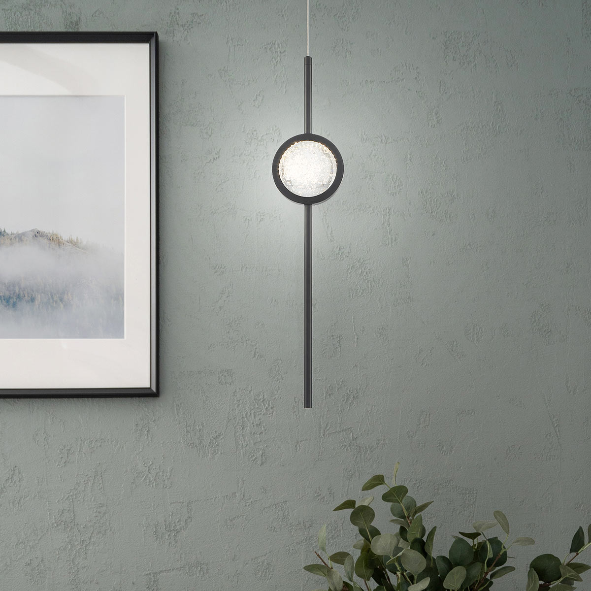 Barletta Single Drop LED Pendant in Matte Black with a Clear Seeded Glass Orb