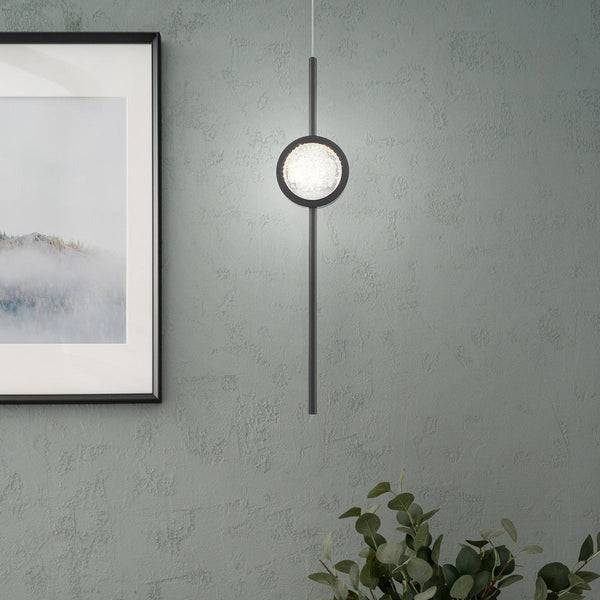 Barletta Single Drop LED Pendant in Matte Black with a Clear Seeded Glass Orb