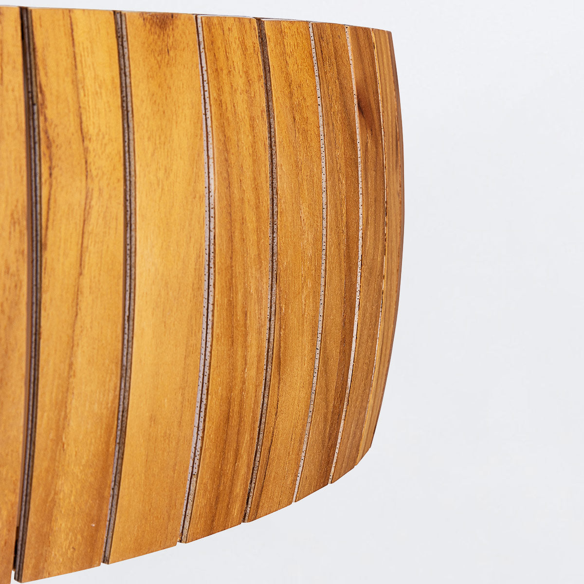 Accord Barrel Natural Teak Wood Veneer 17w LED Flush Mount Ceiling Light, close up of wood slats