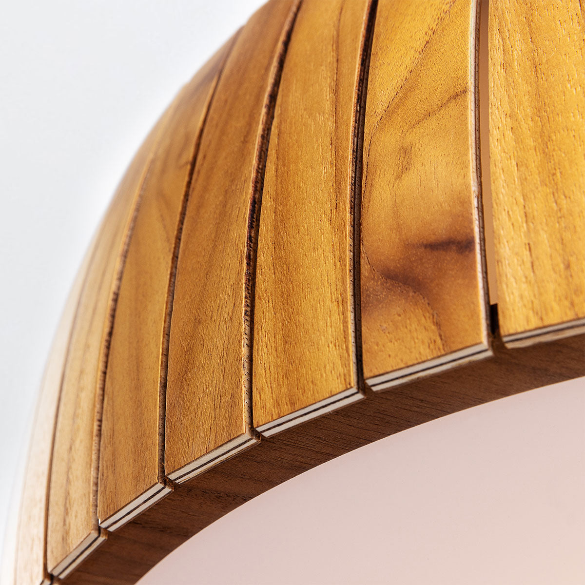 Accord Barrel Natural Teak Wood Veneer 17w LED Flush Mount Ceiling Light, close up of wood slats