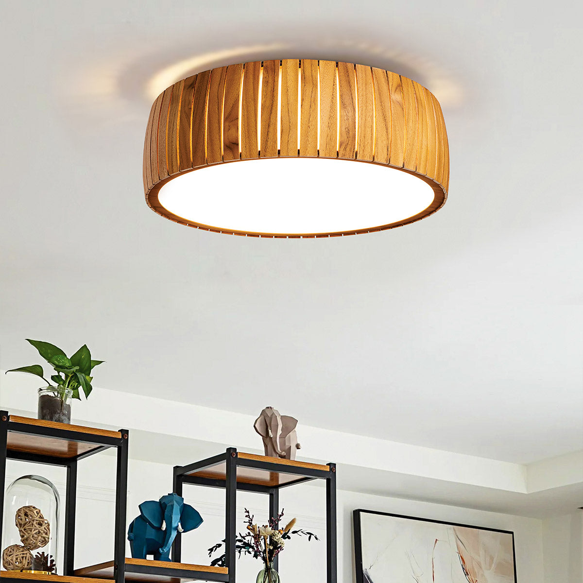 Barrel Natural Teak Wood Veneer 17w LED Flush Mount Ceiling Light