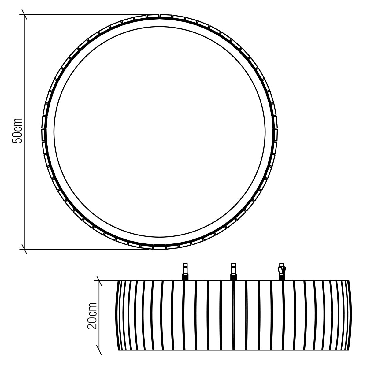 Technical drawing of the round light fixture with dimensions: 50cm diameter, 20cm height
