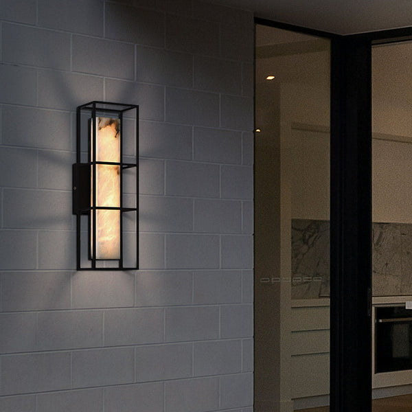 Blakley Large LED IP44 Wall Light in Matte Black with Alabaster Stone