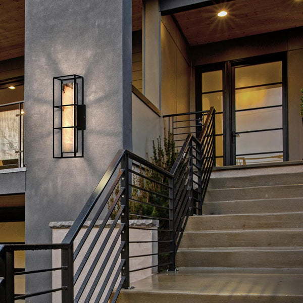 Blakley Large LED IP44 Wall Light in Matte Black with Alabaster Stone