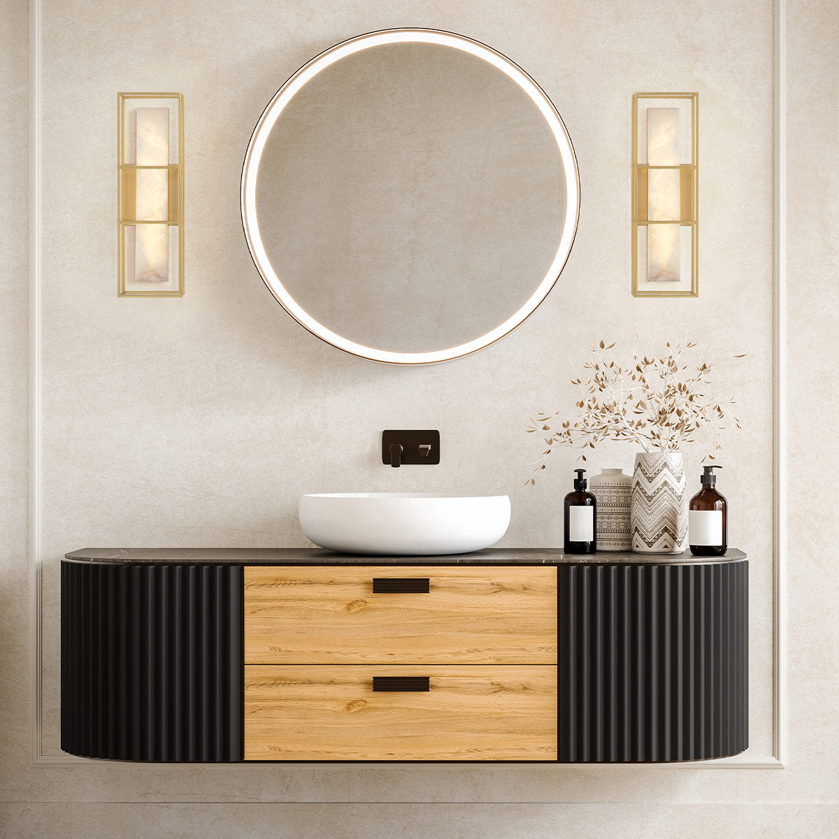 Blakley Medium LED IP44 Wall Light in Brushed Gold with Alabaster Stone